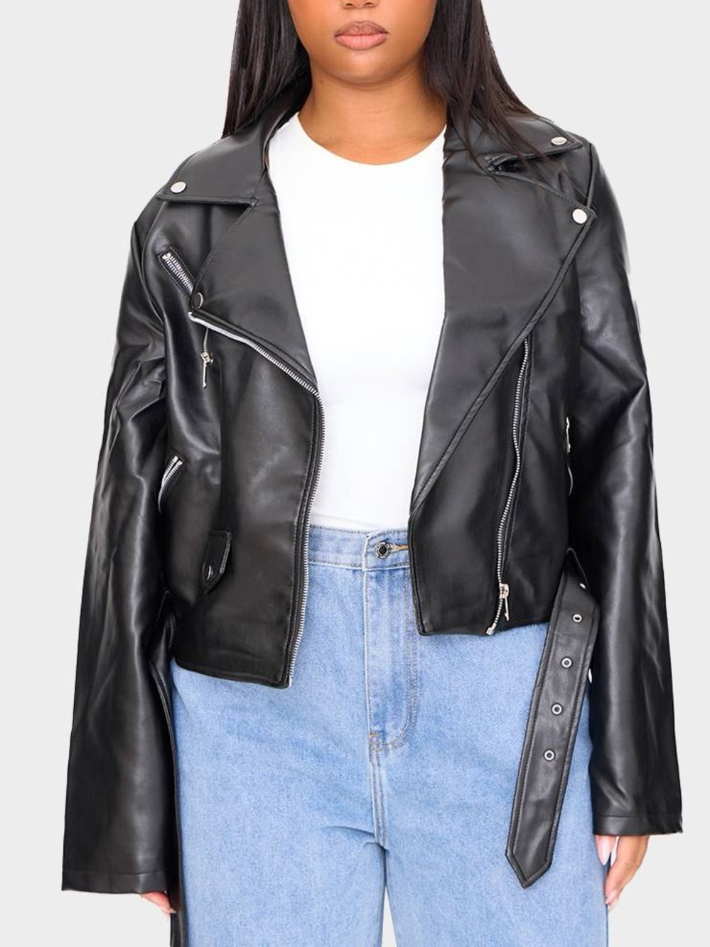 PrettyLittleThing | Women’s Black Faux Leather Belted Biker Jacket